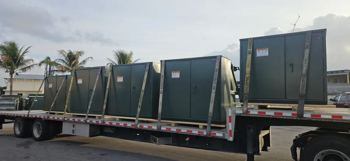 Padmount transformers loaded on flatbed truck ready for delivery